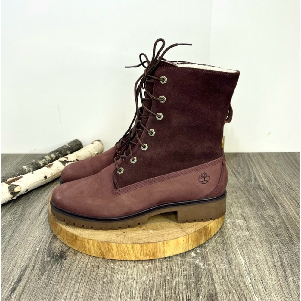 *Timberland | Waterproof Foldover Teddy Fleece Red Leather Suede Bootie Size 9.5 - Picture 7 of 16